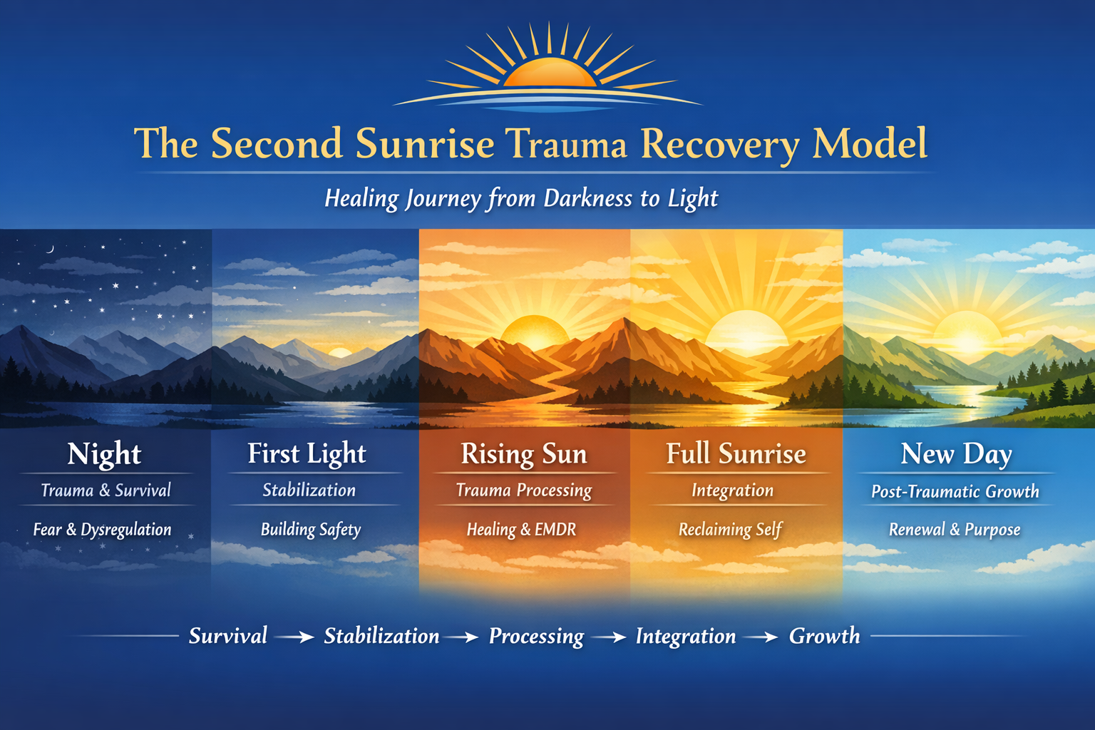 The Second Sunrise Trauma Recovery Model showing Night, First Light, Rising Sun, Full Sunrise, and New Day